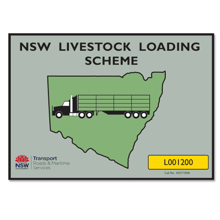 A rectangular sign featuring a grey background, an outline of New South Wales, and a truck illustration with a green cargo load.
