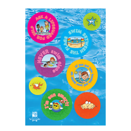 A sheet of colourful stickers featuring various aquatic designs and safety messages against a blue water background.