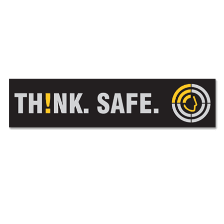 A rectangular sticker featuring black background with yellow and grey text and a logo on the right side.