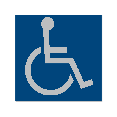 A simple grey wheelchair symbol on a blue background, with a circular wheel and silhouette of a person seated.