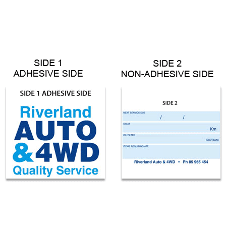 A square label with a blue and white design featuring adhesive and non-adhesive sides, and a logo.