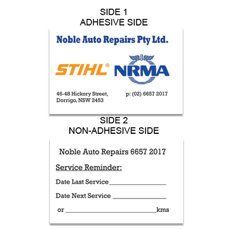 A promotional product featuring double-sided labels in white, with one side exhibiting a logo and contact details.