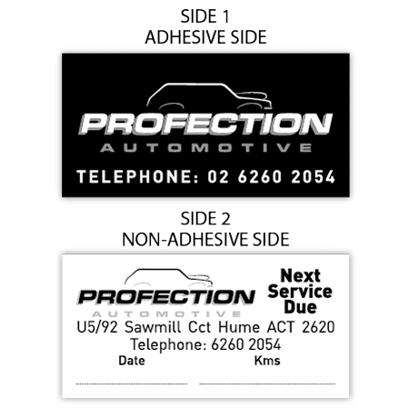 A black and white rectangular label featuring a logo and service information on both non-adhesive sides.