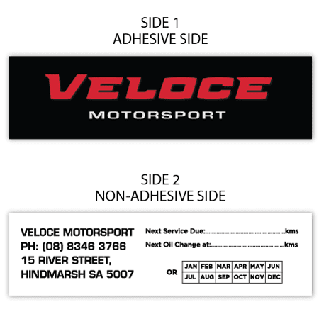 A label with red and black colours featuring a logo, adhesive on one side and printed service details on the other.