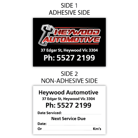 A promotional label featuring a logo, with a black adhesive side and a white non-adhesive side, displaying contact details.