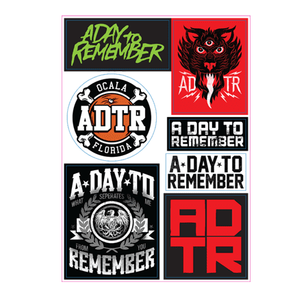 A collection of various black, white, and red stickers featuring logos and designs related to "A Day to Remember".