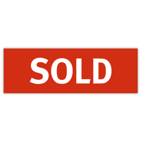 A bright red rectangular sticker with bold white text reading "SOLD."