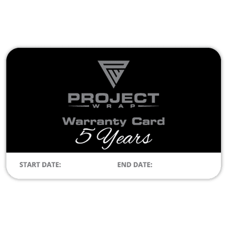 A black plastic warranty card featuring a logo and text indicating a five-year warranty duration.