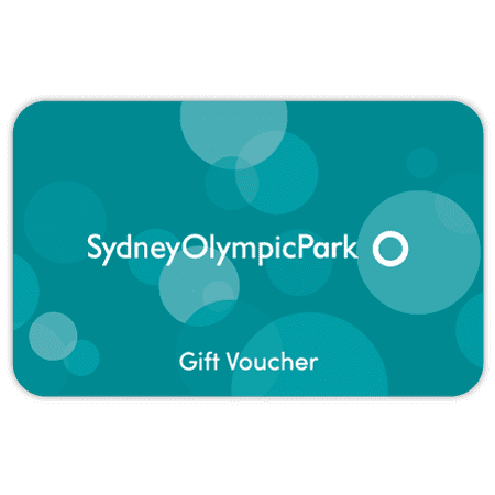 A teal gift voucher card featuring circular designs and a logo on its left side.
