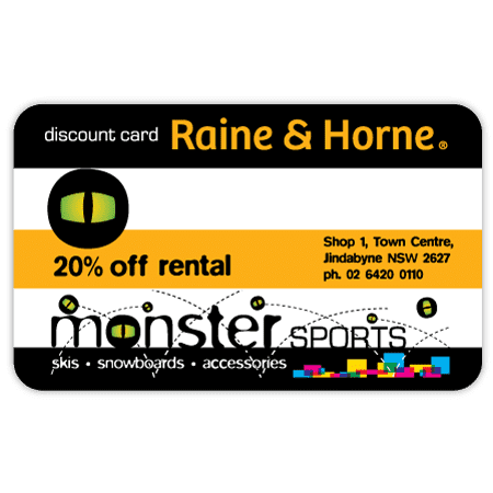A plastic discount card featuring a black, yellow, and white design with logos and specific offers.