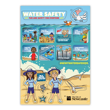 A colourful poster featuring water safety tips with illustrations of children and adults, aquatic scenes, and a logo.