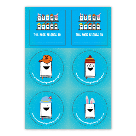 Colourful sticker sheets featuring whimsical character illustrations on a blue background, with a logo present.