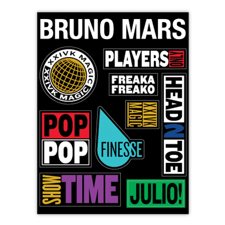 A collection of colourful stickers featuring various text and shapes on a black background, including a branded logo.