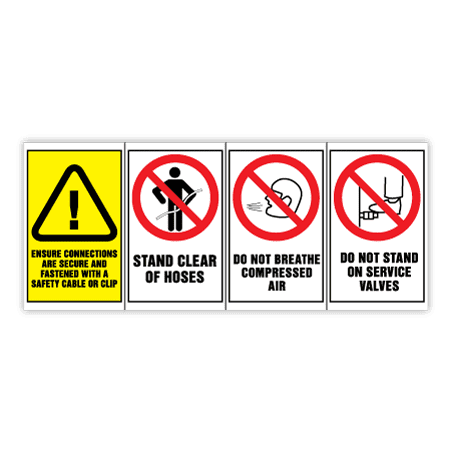 A series of safety warning signs featuring various caution symbols and instructions in black and yellow on a white background.