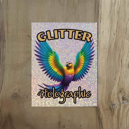 A glitter holographic sheet featuring a colourful bird design with vibrant rainbow feathers against a shimmering background.