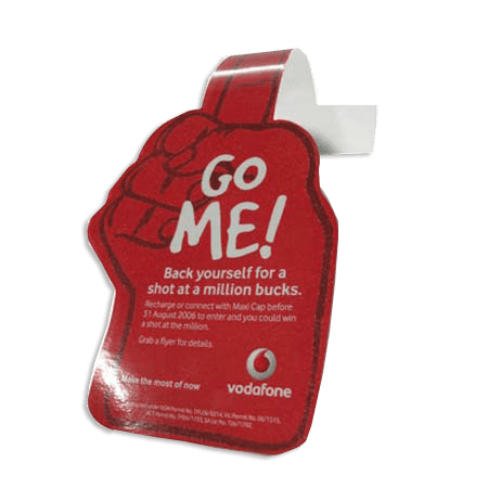 A promotional tag in a red hand shape featuring a logo, with a message about a million-dollar opportunity.