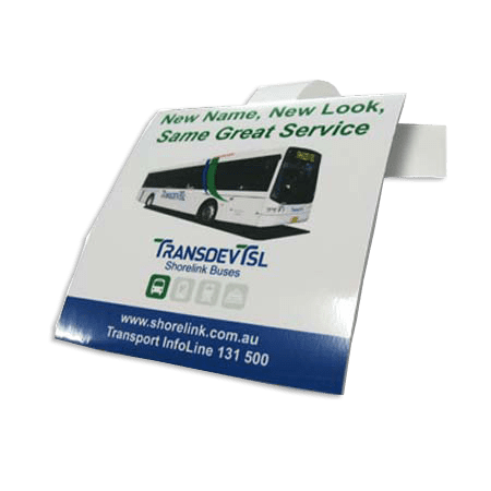 A promotional card displaying a bus design, featuring a logo and text, predominantly in white and green.