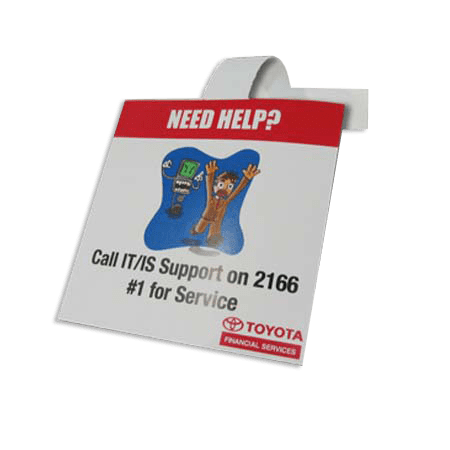 A sign featuring a cartoon character and a message for IT support, with a logo at the bottom.