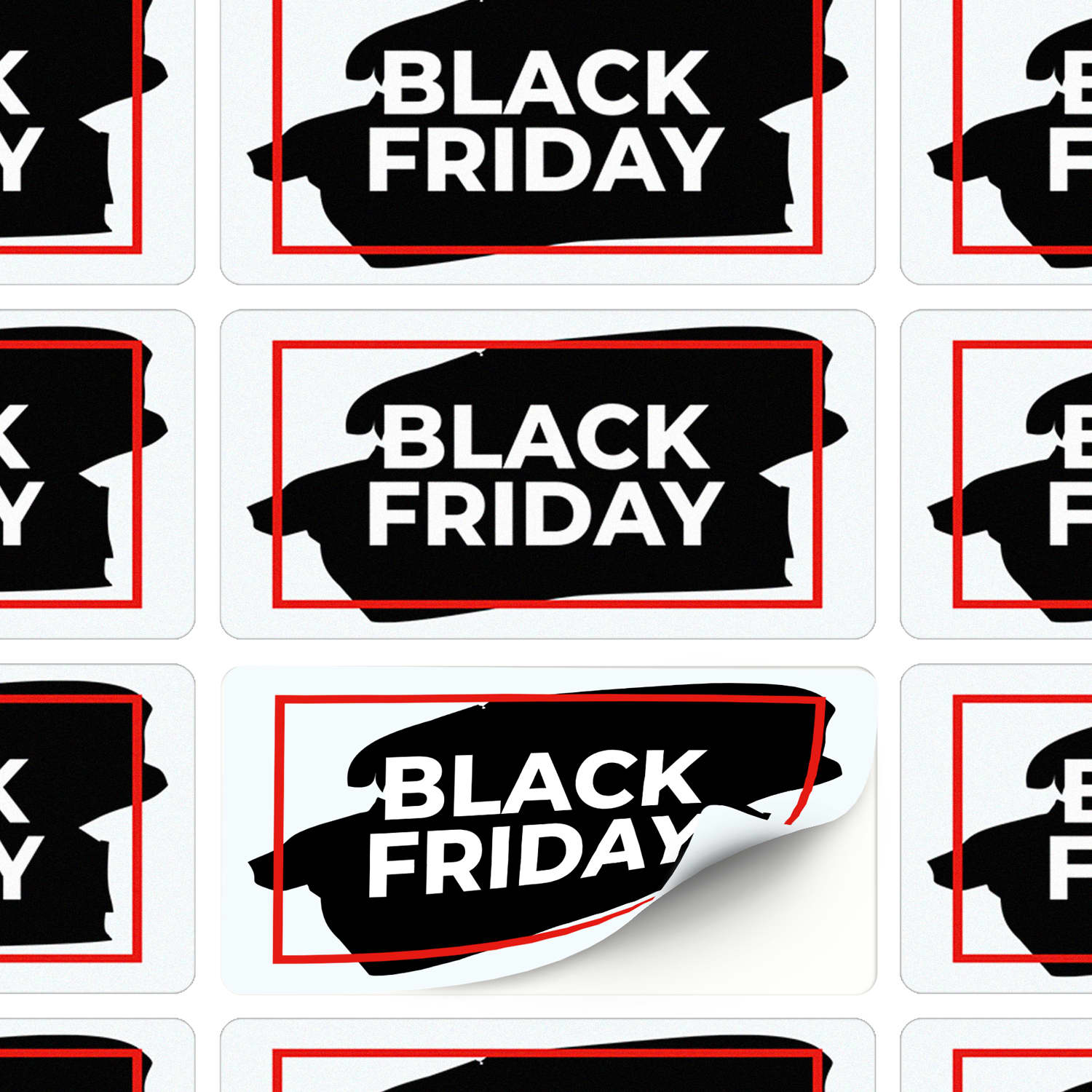 A collection of rectangular black and red stickers with a bold design featuring the words "Black Friday".