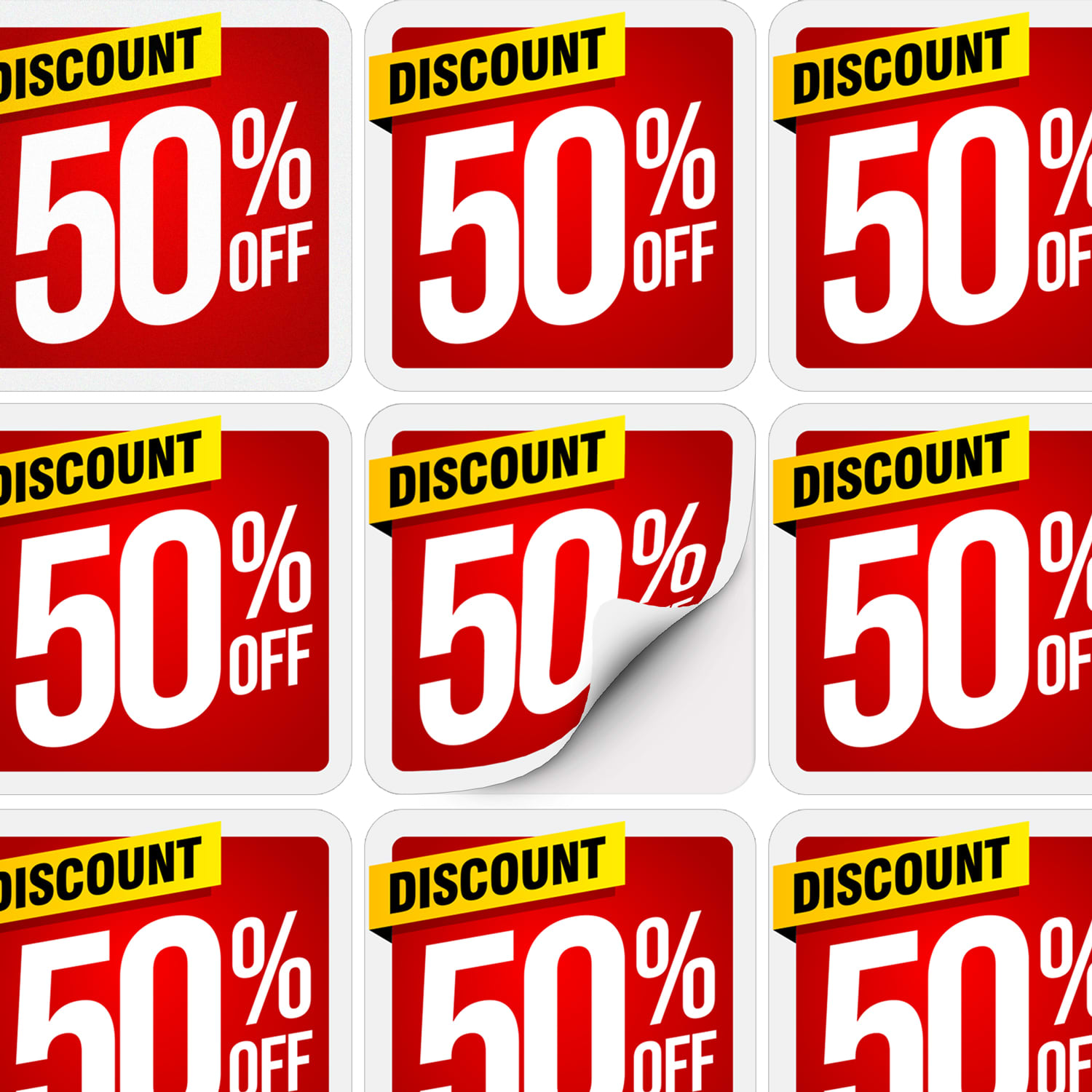 A grid of square stickers featuring a red background with a discount label, displaying 50% off.