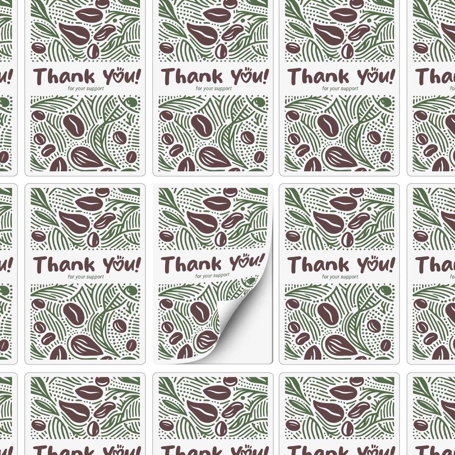 A sheet of stickers featuring a "Thank You" design in green and brown tones, with a decorative pattern.