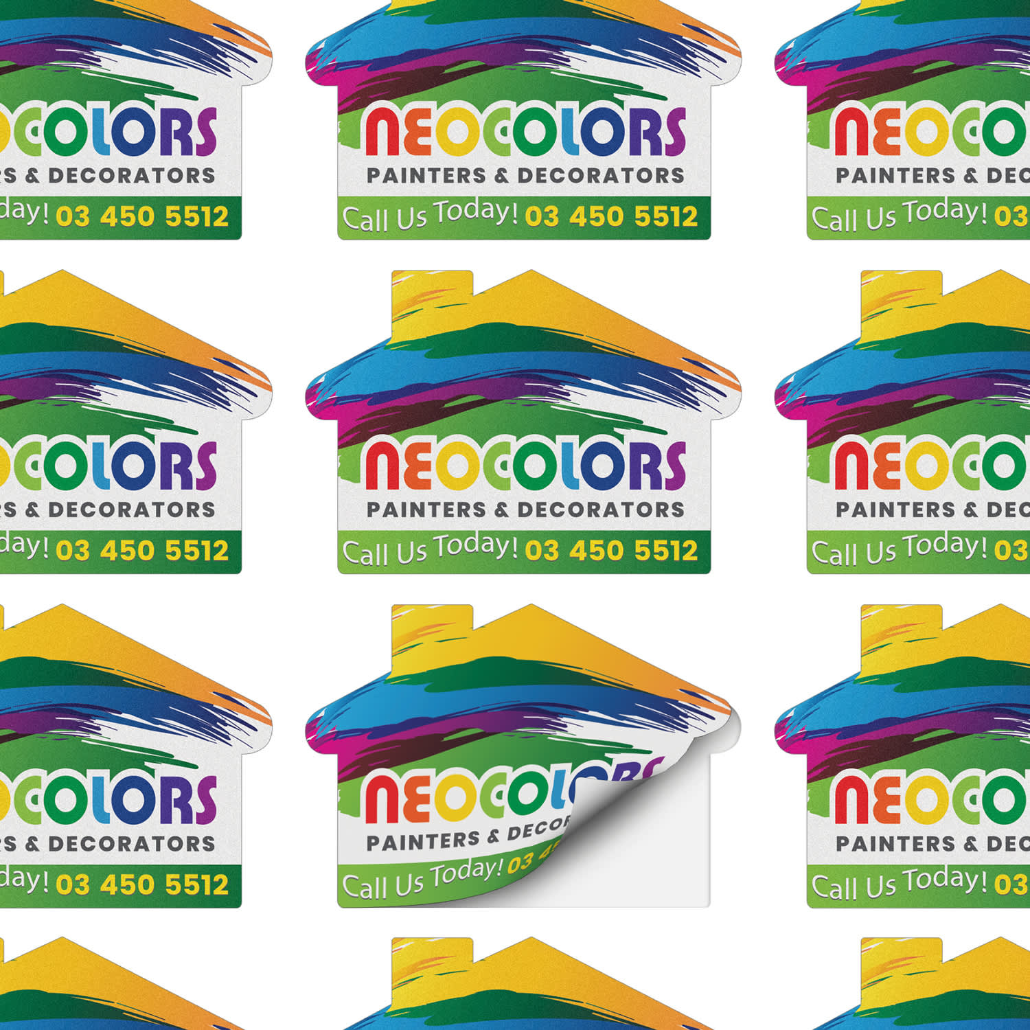 House-shaped stickers in vibrant colours, featuring a logo and contact details for a painting and decorating service.