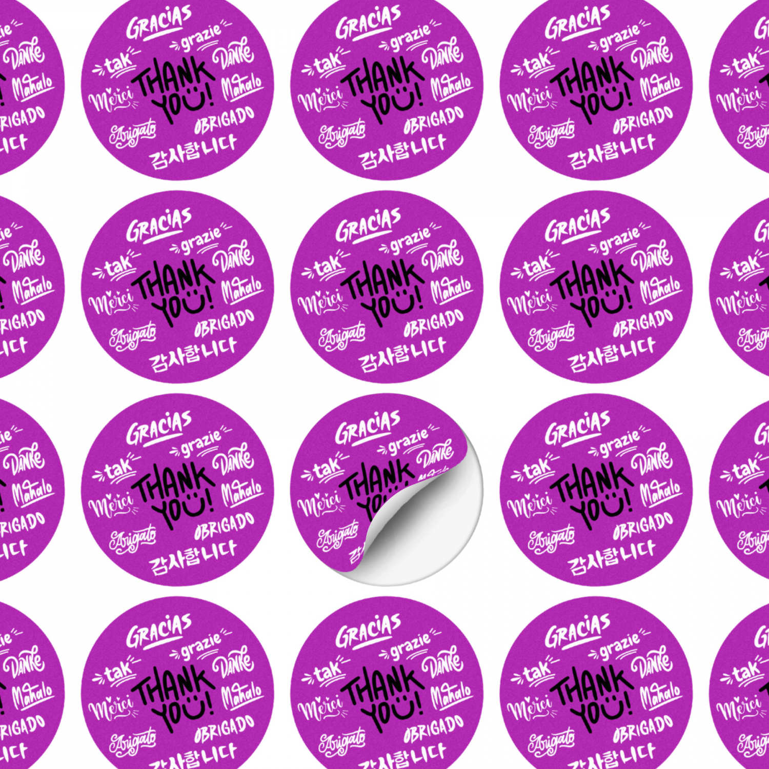 A sheet of circular stickers featuring a purple background with various thank you messages in multiple languages.