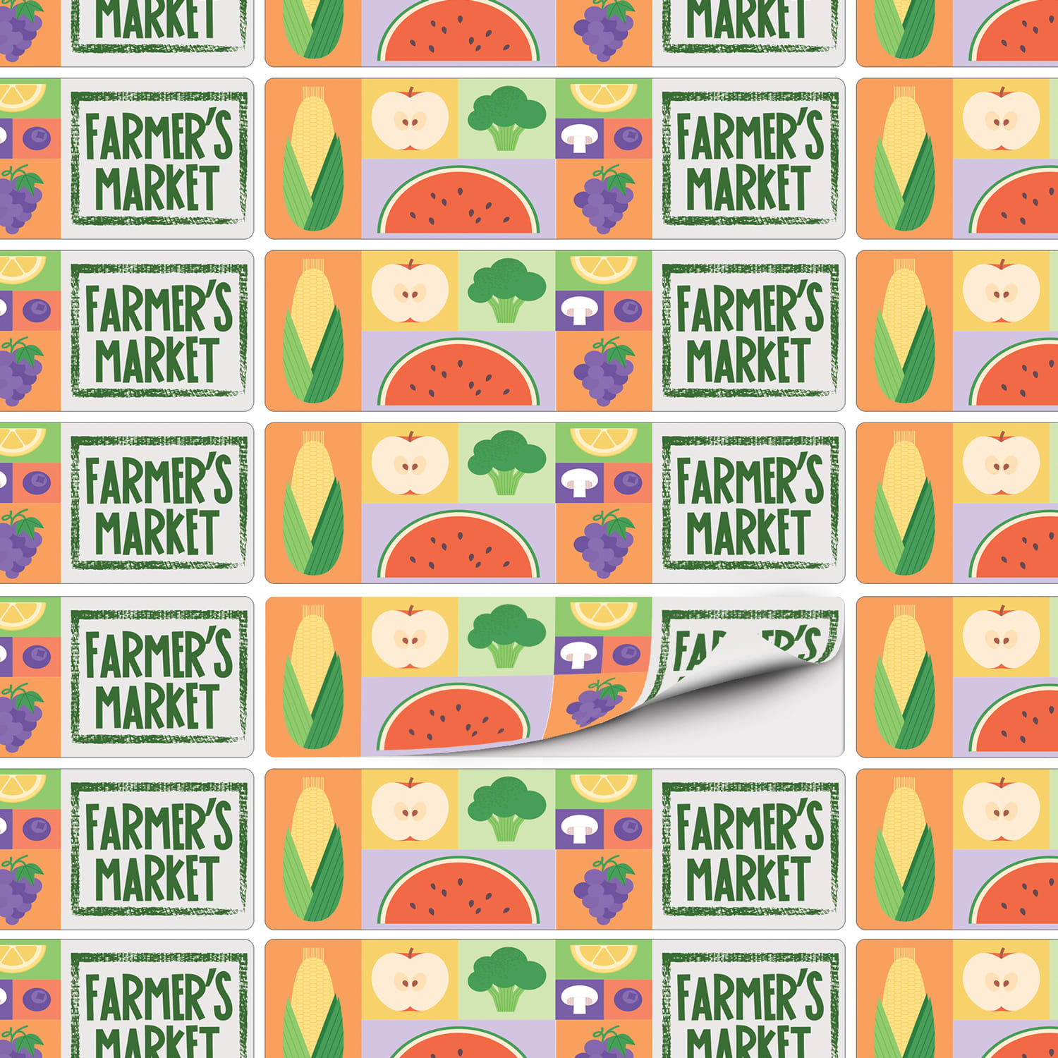 A patterned sheet of stickers featuring various fruits and vegetables in vibrant colours with a logo.