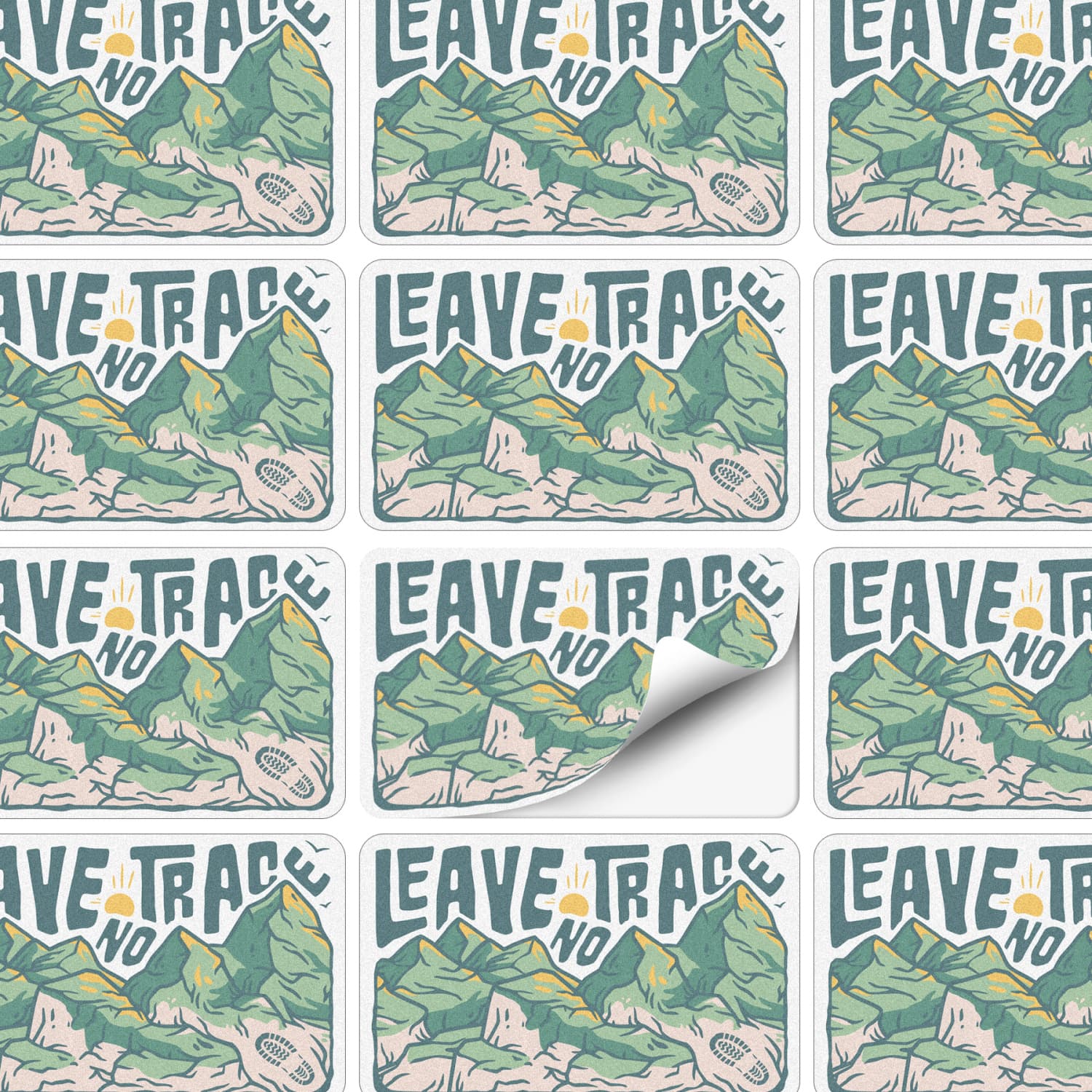 A sheet of stickers featuring a mountain design with "Leave No Trace" in green and beige tones.
