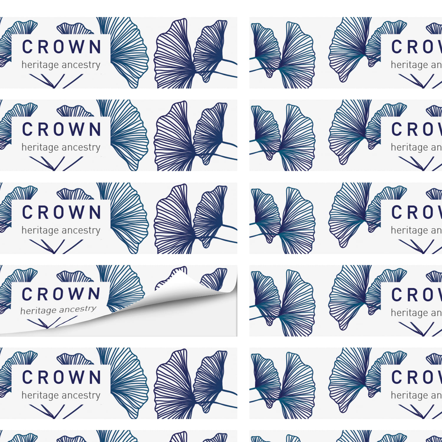 A sheet of stickers featuring a blue floral design with a logo and text.