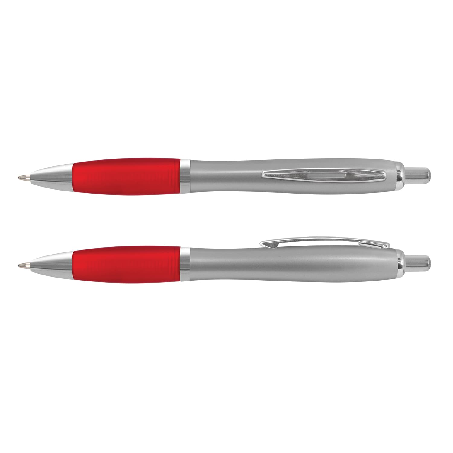 A silver barrel pen with red accents, featuring a shiny clip and an ergonomic grip. Includes a logo.