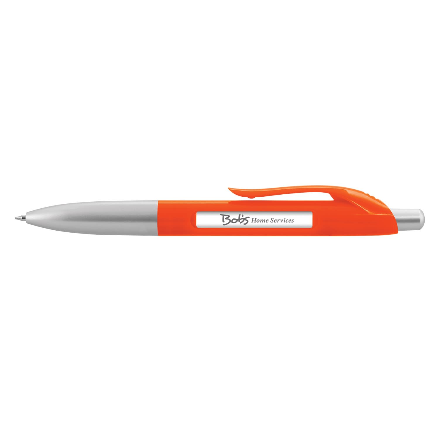 An orange plastic pen with a silver clip and a visible section for messaging. It features a logo.