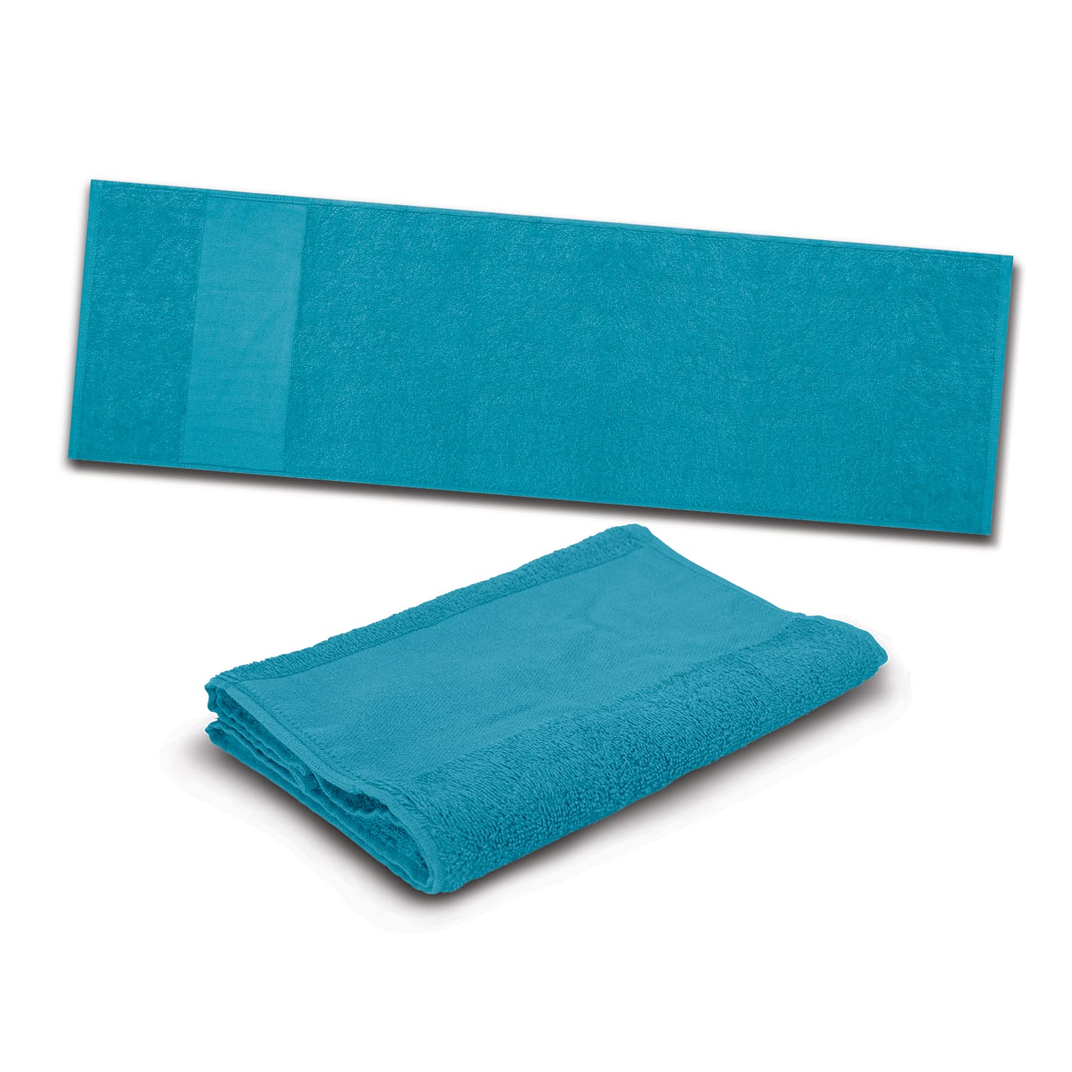 An aquamarine sports towel displayed flat and folded, featuring a soft texture and a logo.