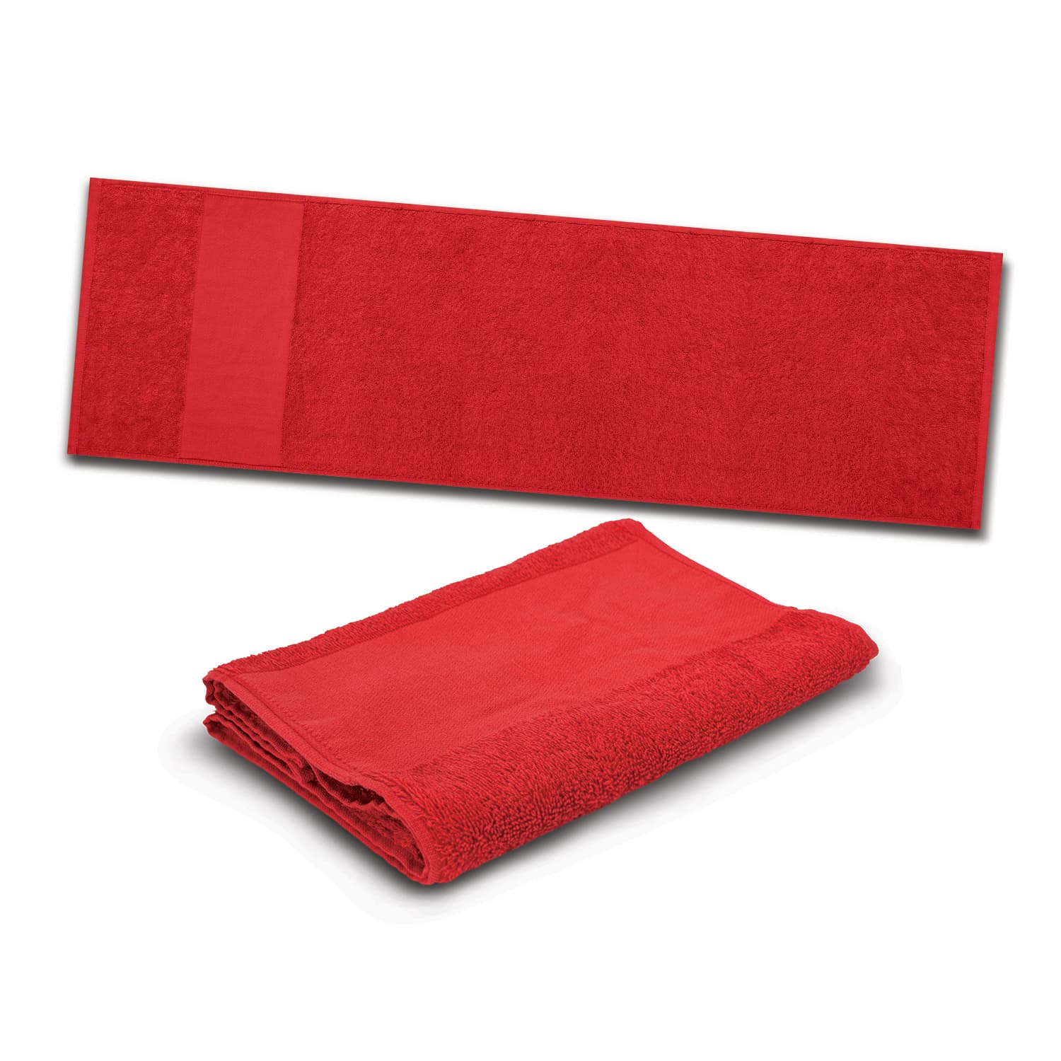 A red sports towel displayed flat and folded, featuring a blank area for branding.
