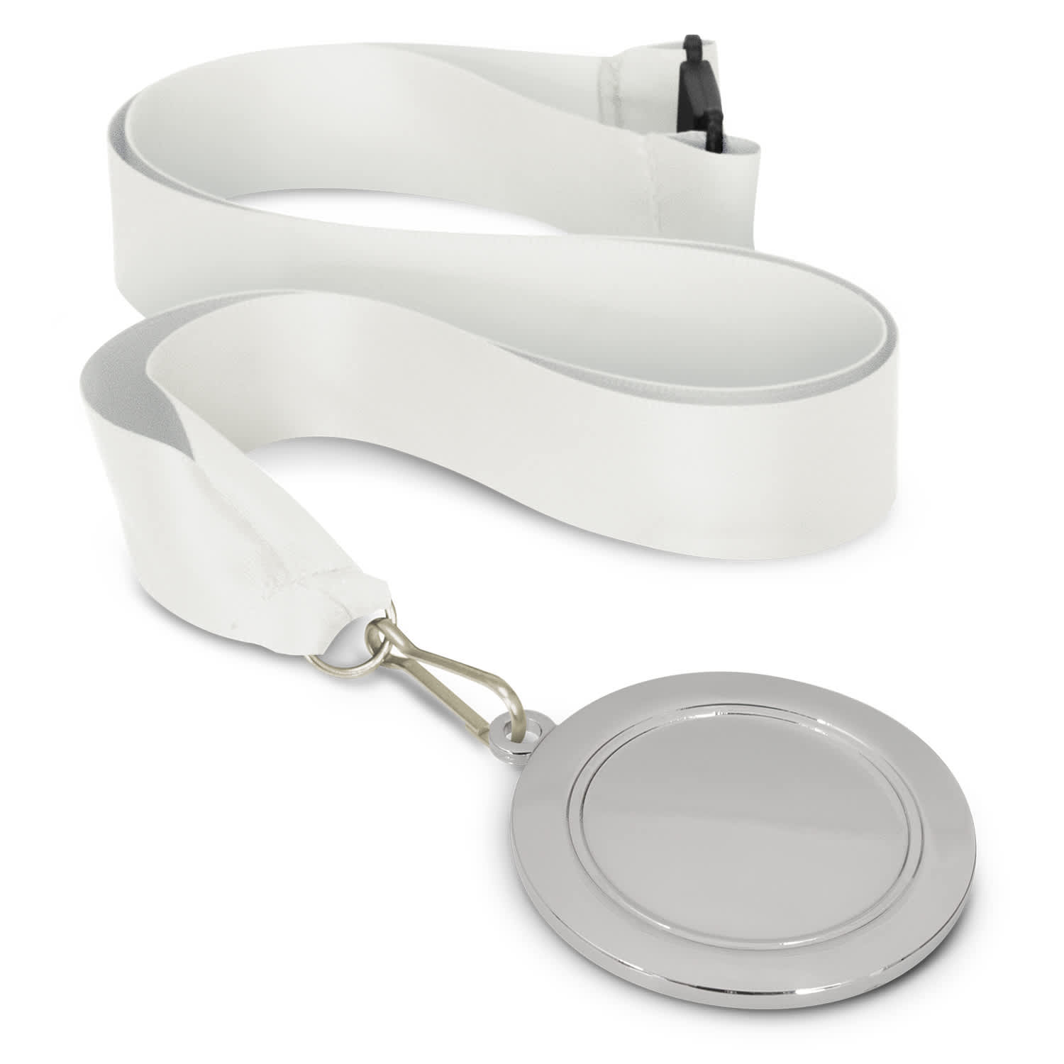 A Podium Medal featuring a 65mm silver circular medal attached to a white ribbon with a clip.