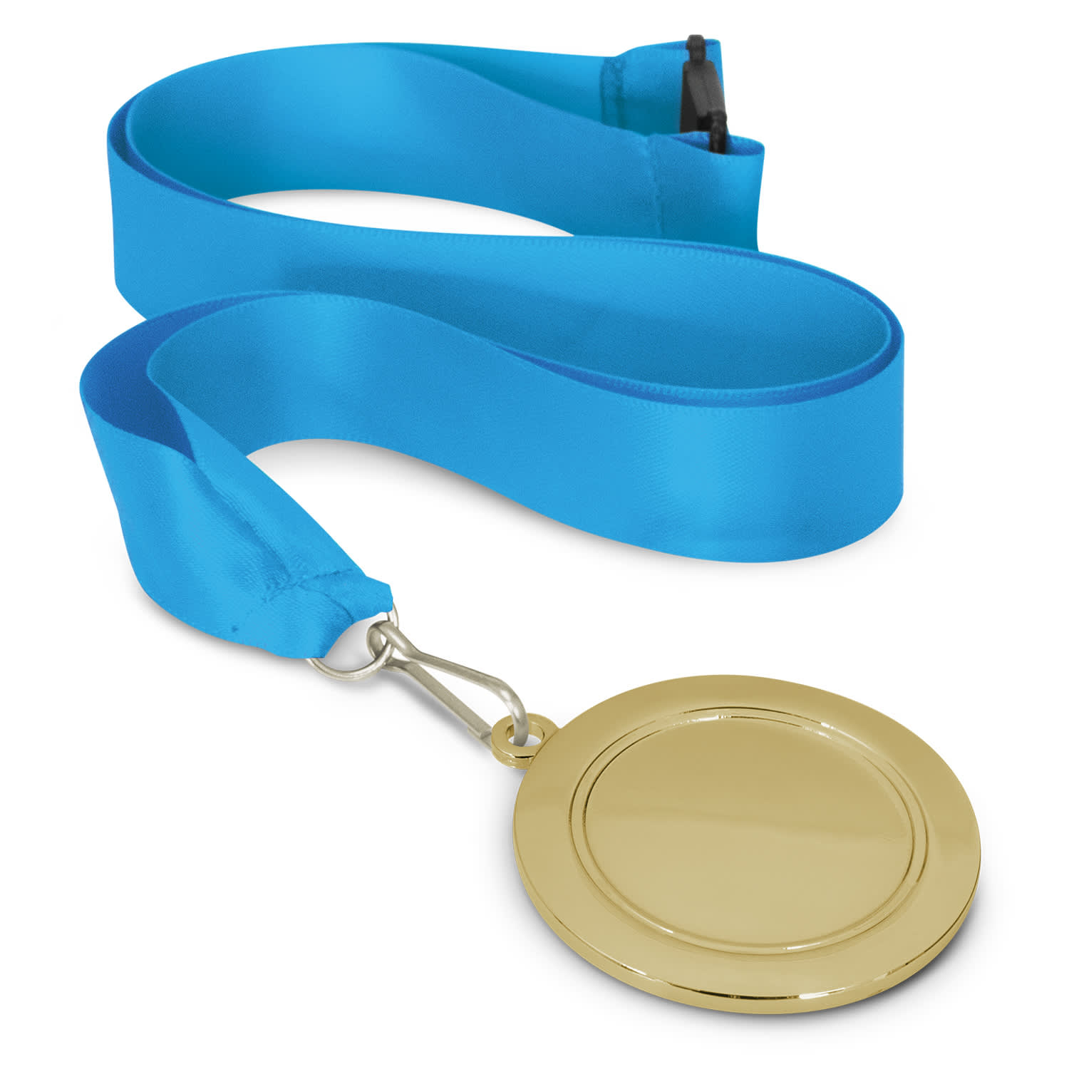A gold podium medal featuring a smooth, circular design, attached to a blue satin ribbon.