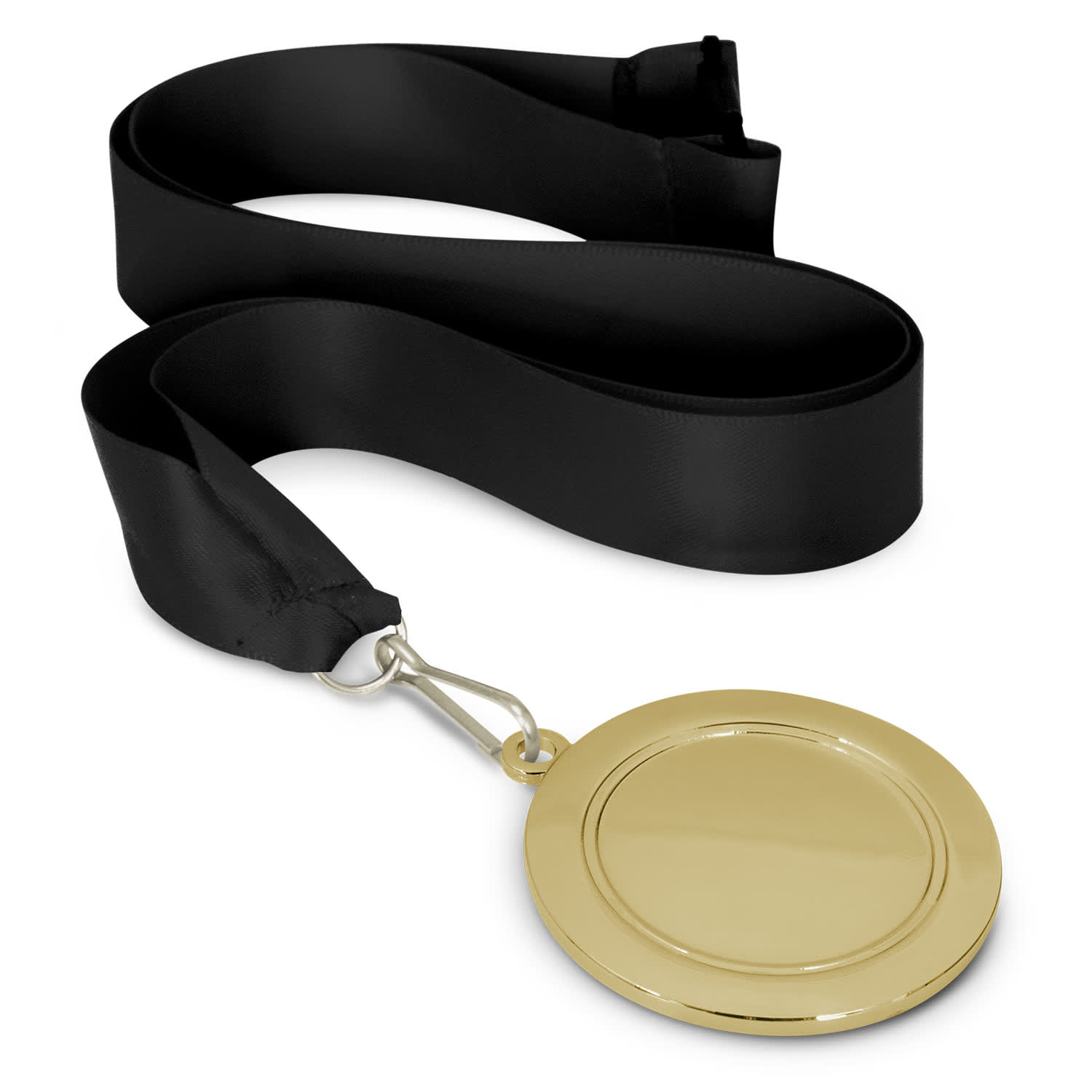 A gold podium medal, 65mm in diameter, attached to a black satin ribbon.