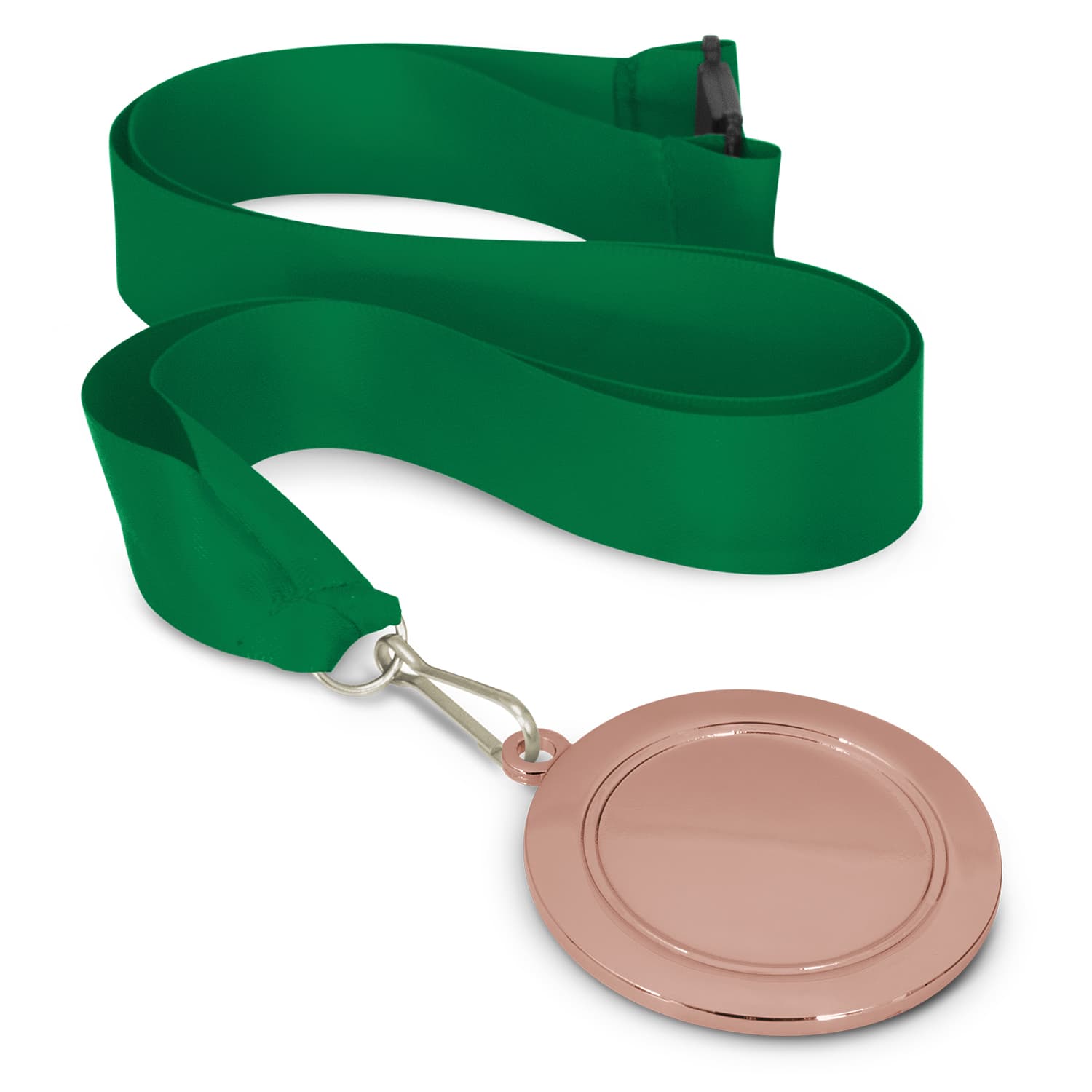 A podium medal with a 65mm diameter, featuring a rose gold-colored medal attached to a green ribbon.
