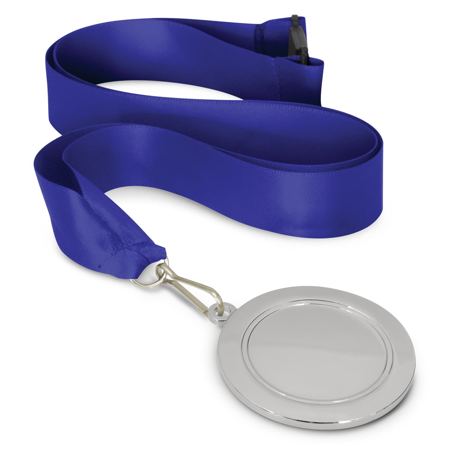 A 65mm podium medal with a shiny silver finish, accompanied by a blue satin ribbon for wearing.