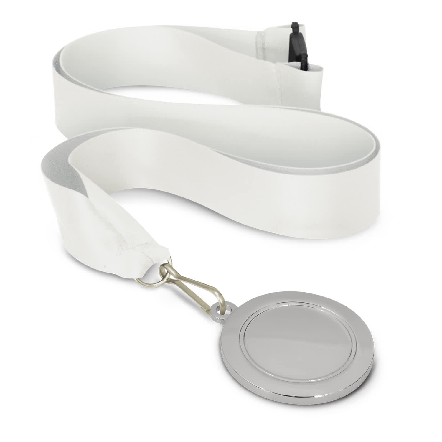 A silver podium medal with a 50mm round design attached to a white ribbon.