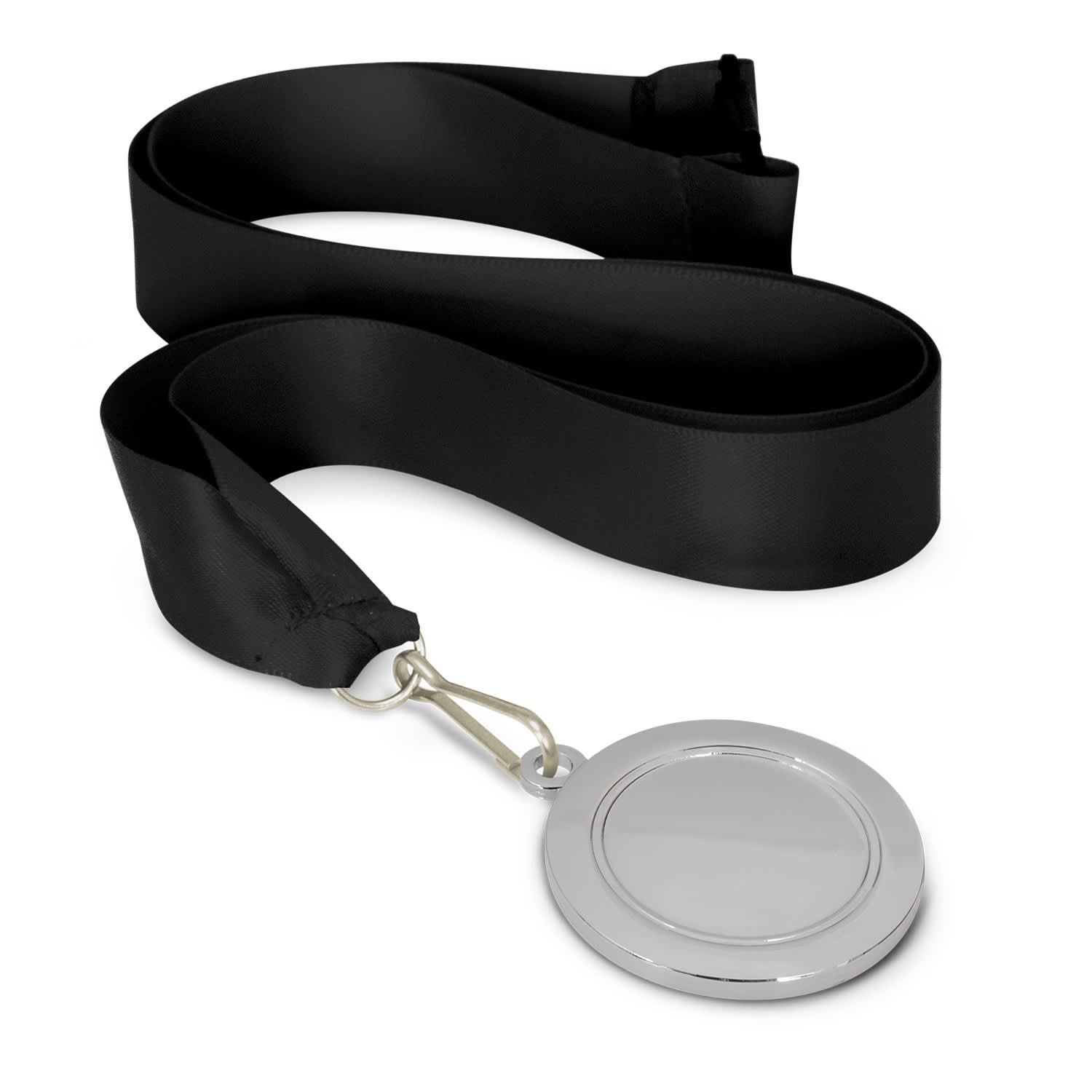 A podium medal with a 50mm round metal pendant and a black ribbon. The pendant is blank and can be personalized.