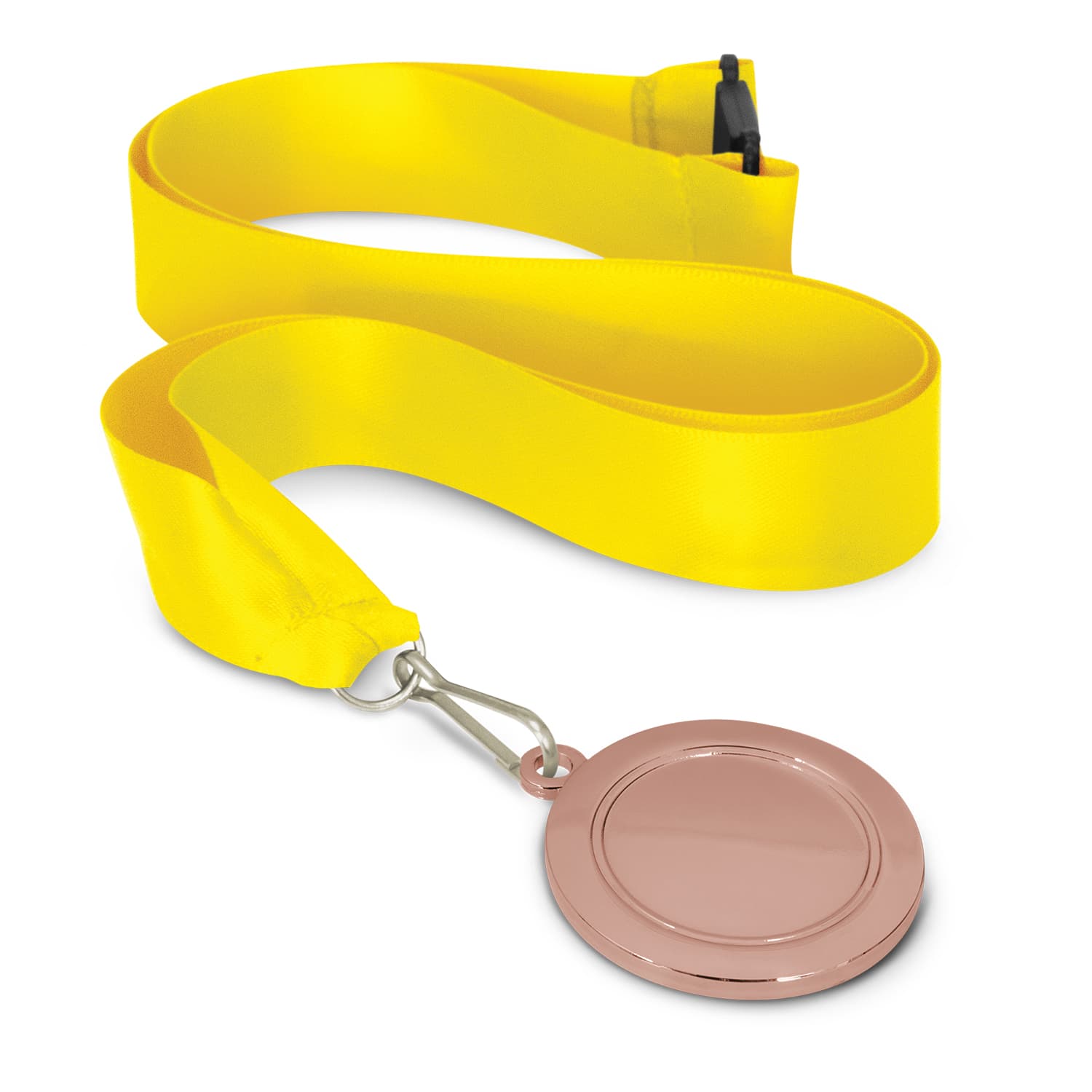 A podium medal featuring a 50mm round medal with a smooth, blank surface, attached to a bright yellow ribbon.