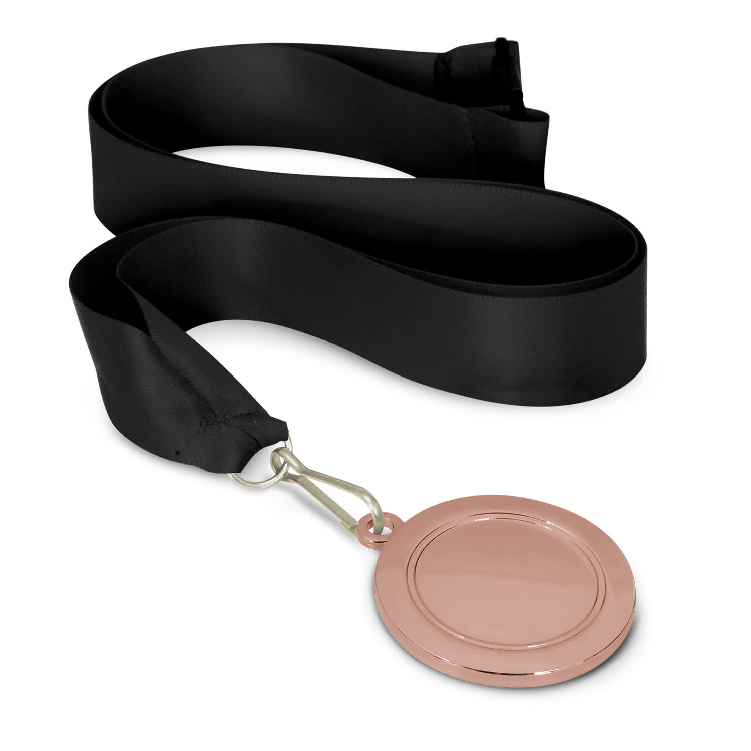 A black ribbon medal with a 50mm rose gold medal attached. The ribbon is smooth and flat.