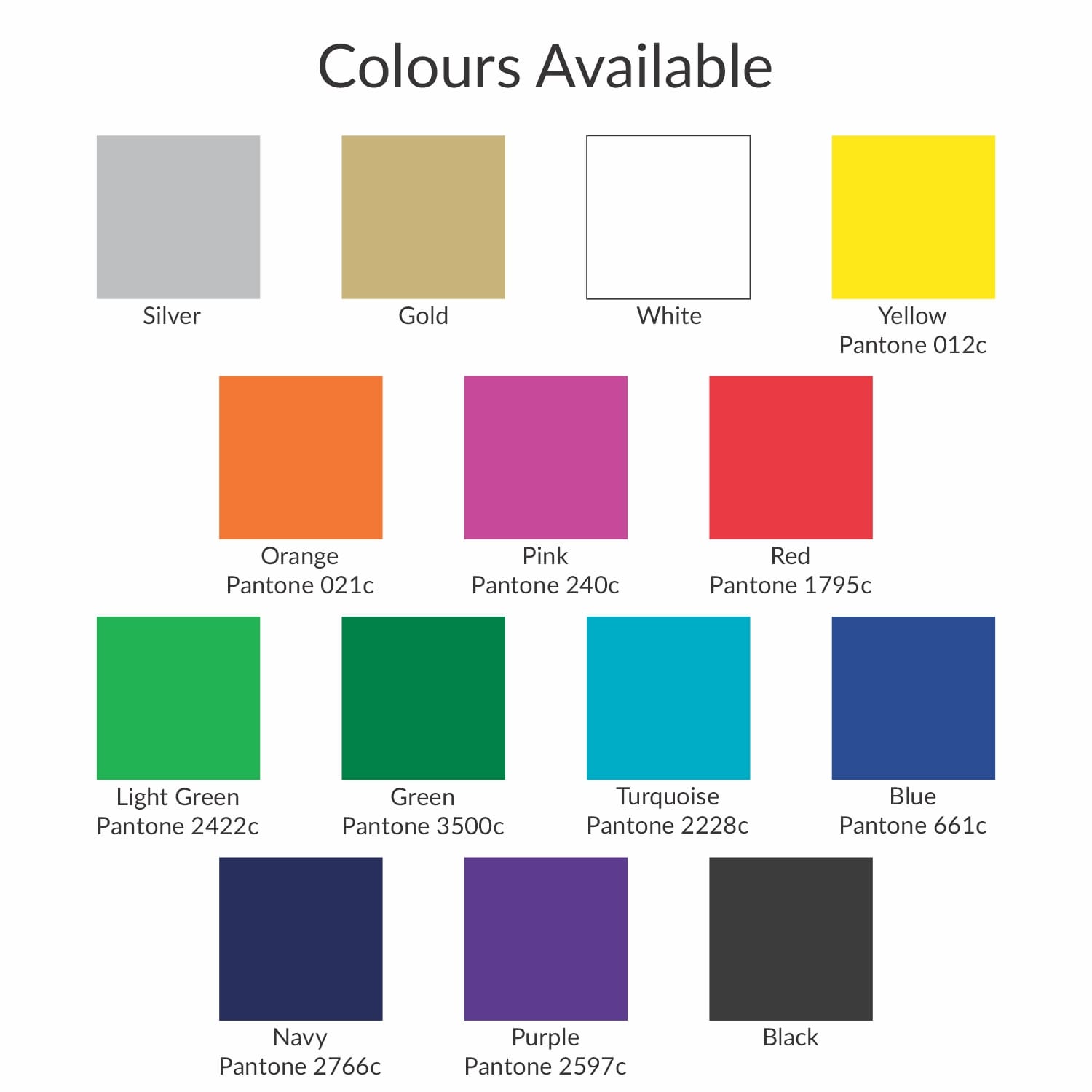 A grid displaying various colour options for the Infinity Pen, featuring silver, gold, white, yellow, orange, pink, red, light green, green, turquoise, blue, navy, purple, and black.