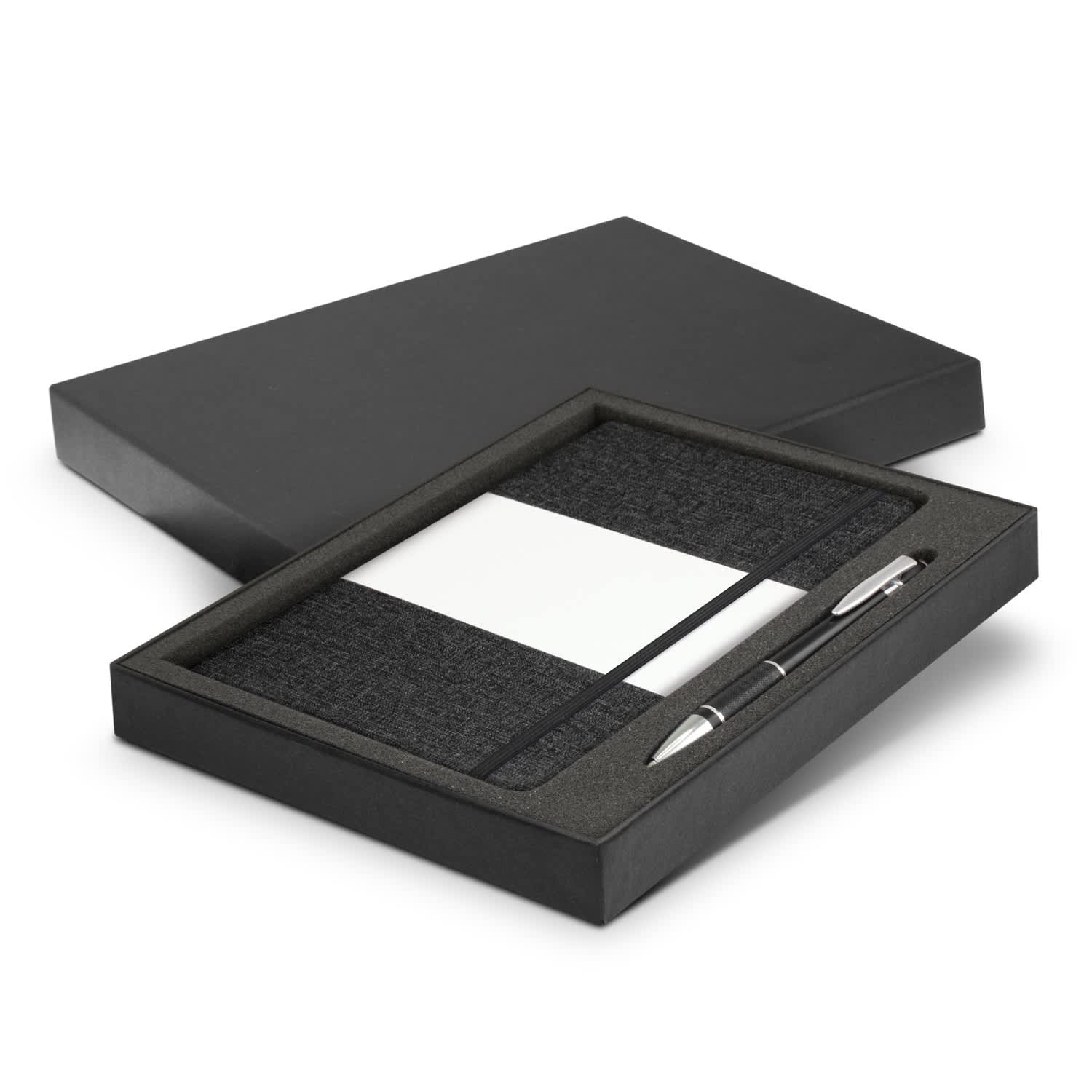 A black gift box containing a dark grey notebook and a silver pen. The notebook includes a section for notes.