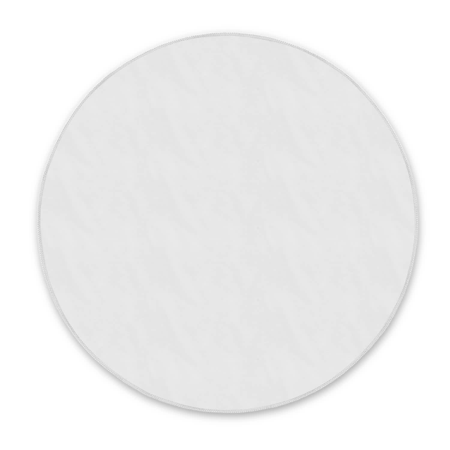 A round, white beach towel with a smooth texture, featuring a logo at the edge.