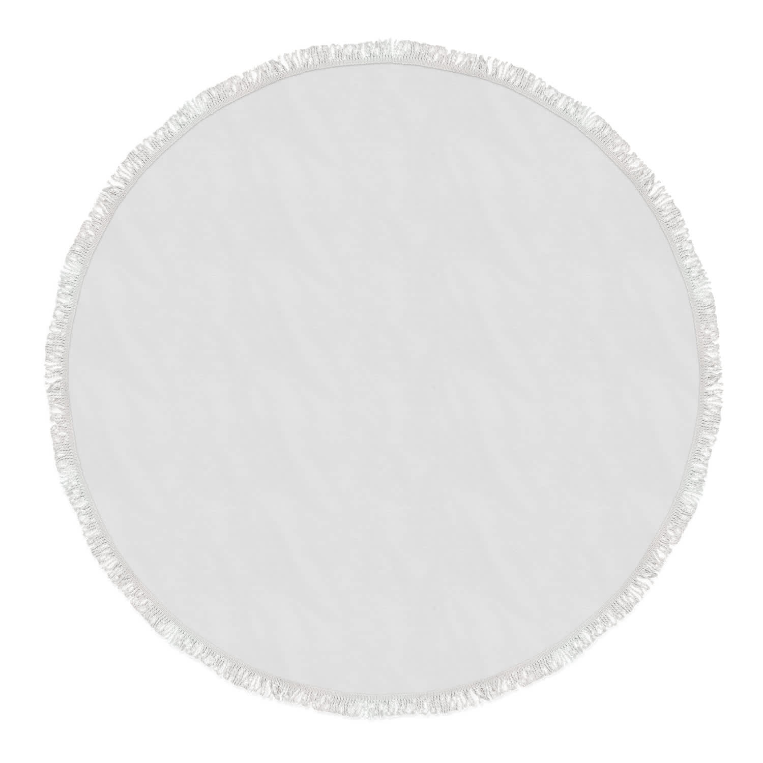 A round white beach towel with fringed edges, suitable for leisure and outdoor activities.