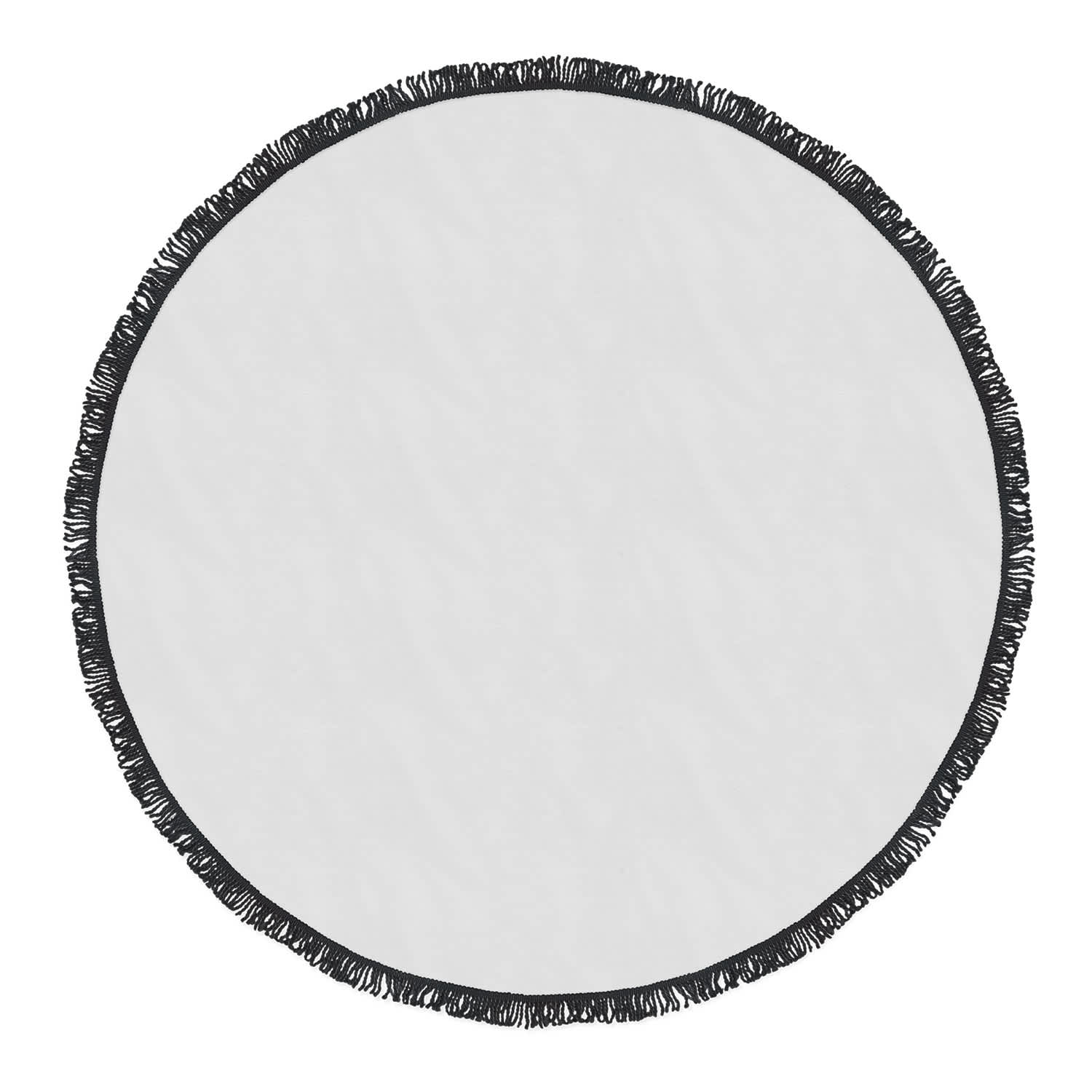 A round beach towel with a black fringe around the edge, featuring a plain white centre.