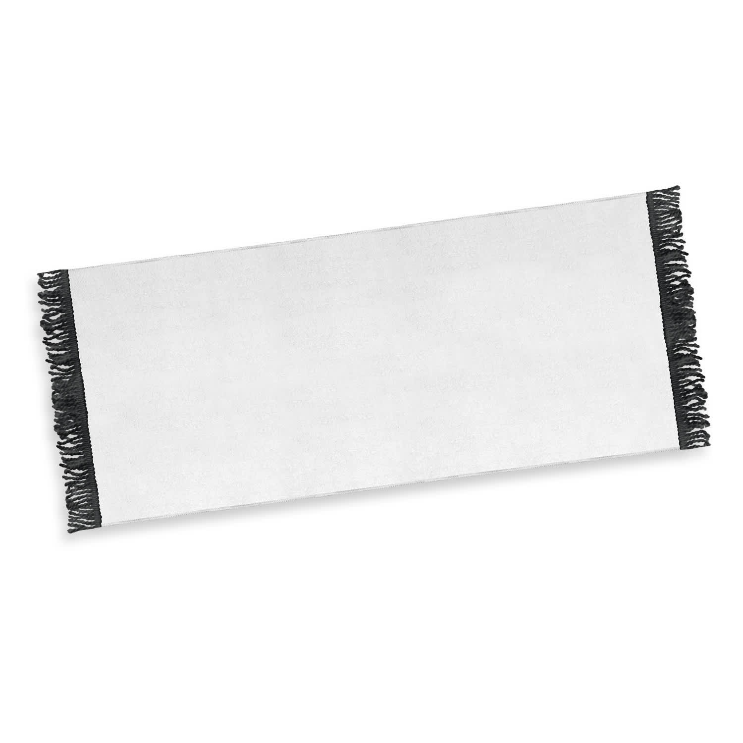 A white beach towel with black fringed edges, featuring a logo or branding. Ideal for leisure and outdoor use.