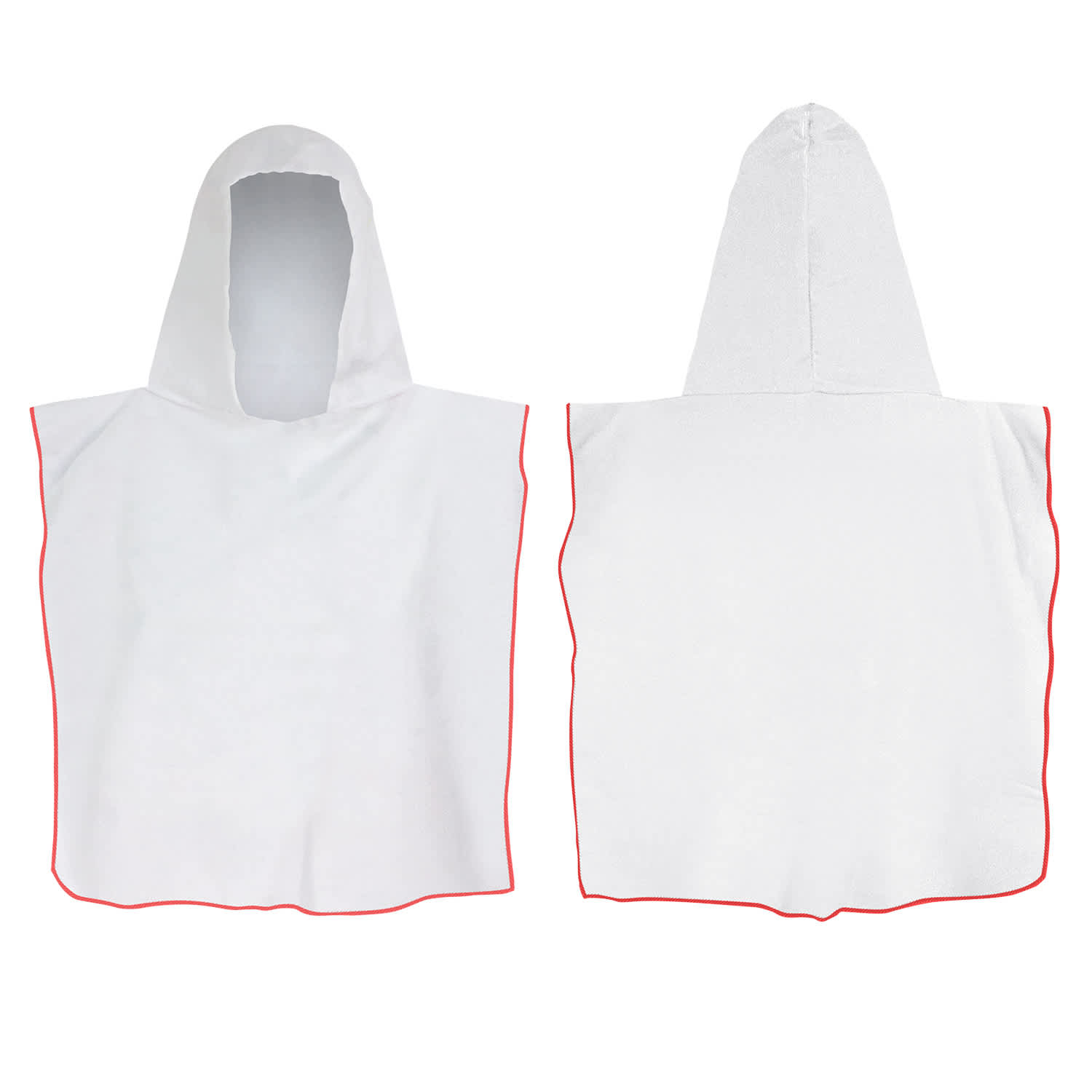 A hooded towel in white with red trim, featuring a large hood and a simple, unembellished design.
